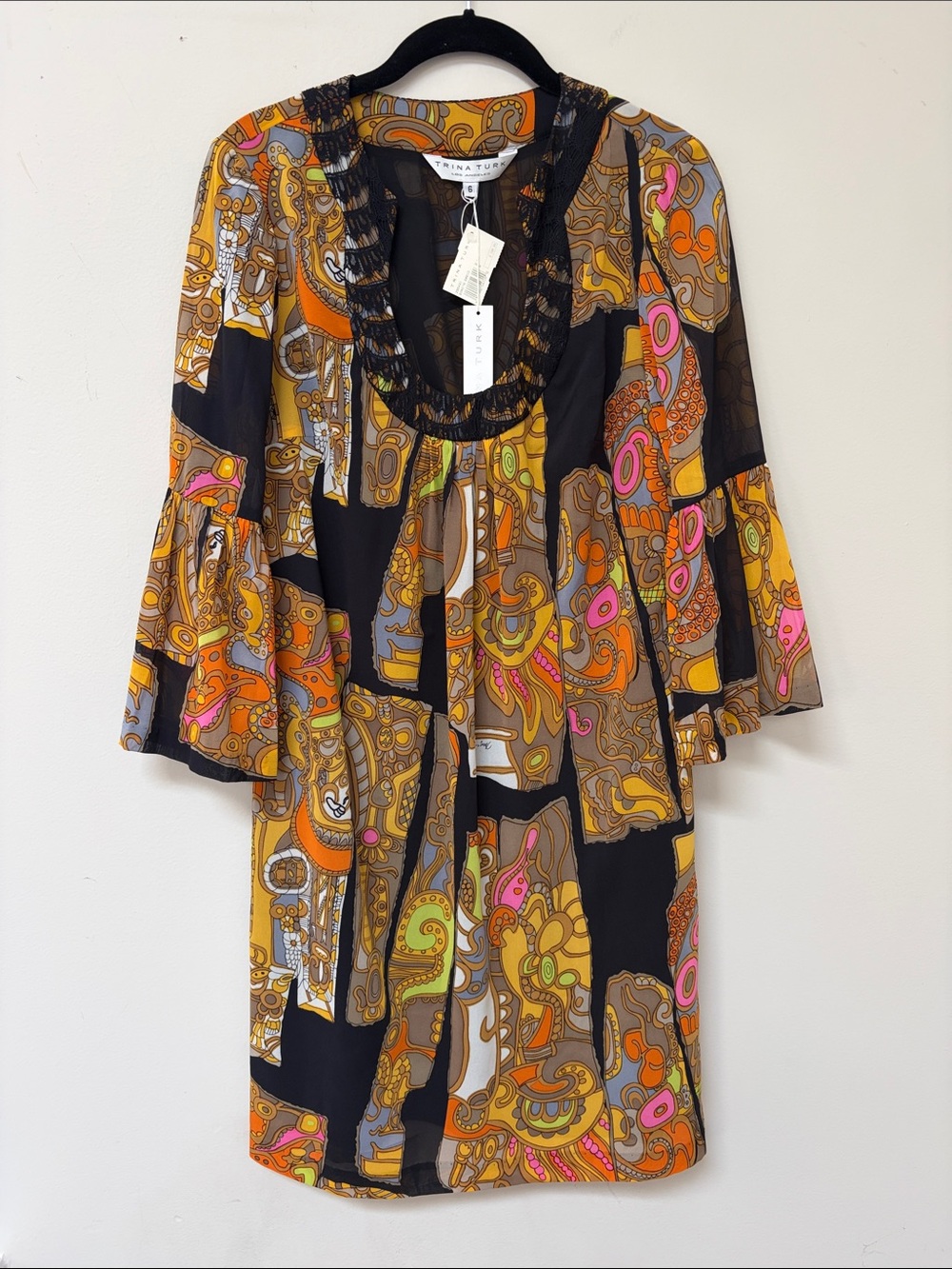 Trina Turk Black, Mustard & Pink Abstract Lace Overlay Dress